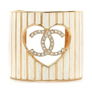 Chanel Crystal Heart CC Cuff Bracelet S Gold White -Sold Out -Authentic